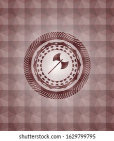 medieval axe icon inside red seamless emblem with geometric pattern.