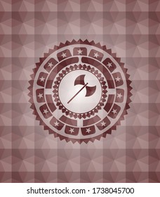medieval axe icon inside red seamless badge with geometric background. 