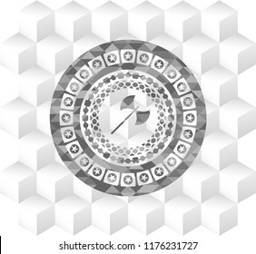 medieval axe icon inside retro style grey emblem with geometric cube white background
