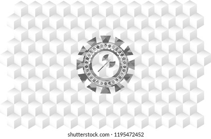 medieval axe icon inside retro style grey emblem with geometric cube white background