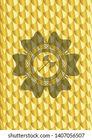 medieval axe icon inside shiny golden badge. Scales pattern. Vector Illustration. Detailed.