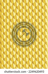 medieval axe icon inside shiny golden badge. Scales pattern. Vector Illustration. Detailed. 