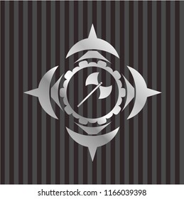 medieval axe icon inside silver emblem or badge