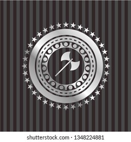 medieval axe icon inside silvery emblem or badge