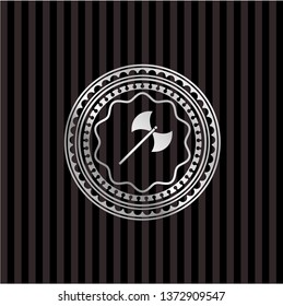 medieval axe icon inside silvery badge or emblem