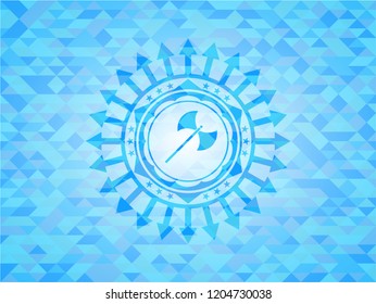 medieval axe icon inside sky blue emblem. Mosaic background