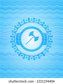 medieval axe icon inside sky blue water style badge.