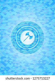 medieval axe icon inside sky blue emblem with mosaic background