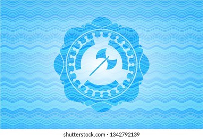 medieval axe icon inside sky blue water wave emblem.