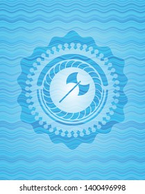 medieval axe icon inside sky blue water badge.