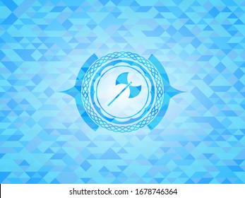 medieval axe icon inside sky blue emblem. Mosaic background