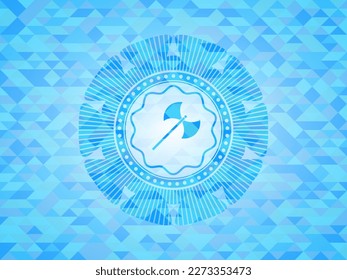 medieval axe icon inside sky blue emblem with mosaic background. 