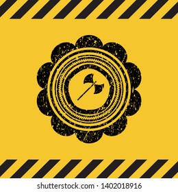 medieval axe icon inside warning sign, black grunge emblem. Vector Illustration. Detailed.