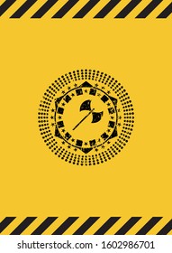 medieval axe icon inside warning sign, black grunge emblem. Vector Illustration. Detailed.
