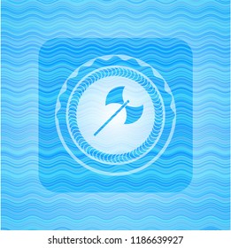 medieval axe icon inside water style emblem.