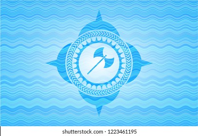 medieval axe icon inside water wave concept badge.