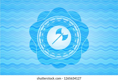 medieval axe icon inside water wave emblem.