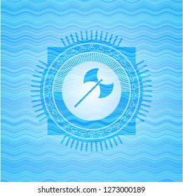 medieval axe icon inside water wave concept badge background.