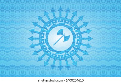 medieval axe icon inside water wavec oncept emblem.