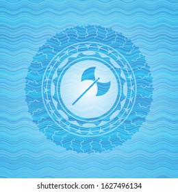 medieval axe icon inside water wave emblem background.