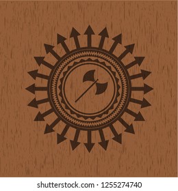 medieval axe icon inside wood emblem. Vintage.