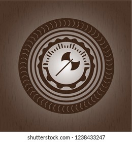 medieval axe icon inside wooden emblem. Retro