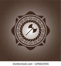 medieval axe icon inside wooden emblem. Retro