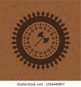 medieval axe icon inside wooden emblem. Vintage.