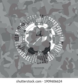 medieval axe icon on grey camo pattern. 