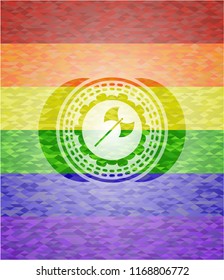 medieval axe icon on mosaic background with the colors of the LGBT flag