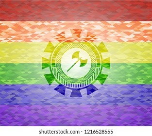 medieval axe icon on mosaic background with the colors of the LGBT flag