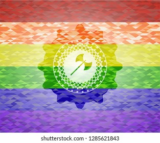 medieval axe icon on mosaic background with the colors of the LGBT flag