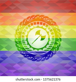 medieval axe icon on mosaic background with the colors of the LGBT flag