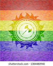 medieval axe icon on mosaic background with the colors of the LGBT flag