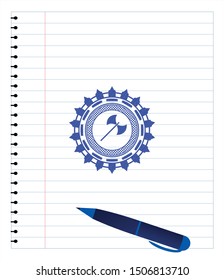 medieval axe icon pen draw. Blue ink. Vector Illustration. Detailed.