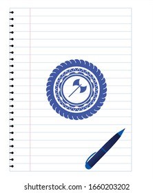 medieval axe icon pen draw. Blue ink. Vector Illustration. Detailed.