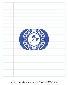 medieval axe icon pen emblem. Blue ink. Vector Illustration. Detailed.