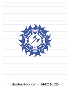 medieval axe icon pen strokes emblem. Blue ink. Vector Illustration. Detailed.