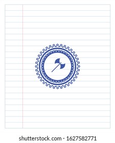 medieval axe icon pen strokes emblem. Blue ink. Vector Illustration. Detailed.