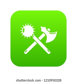 Medieval axe and mace icon green vector isolated on white background