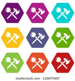 Medieval axe and mace icons 9 set coloful isolated on white for web