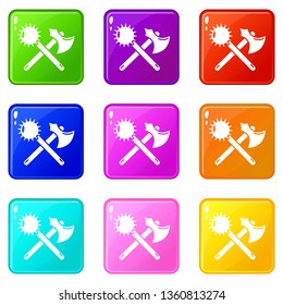 Medieval axe and mace icons set 9 color collection isolated on white for any design