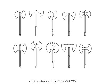 Medieval axe weapon line icon isolated on white background.