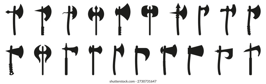 Medieval axe weapon silhouette collection. Different battle and tool axe variations in black