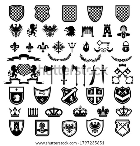 Medieval badges. Heraldic emblems collection with silhouettes of ribbons knight weapons lions crowns swords vector set