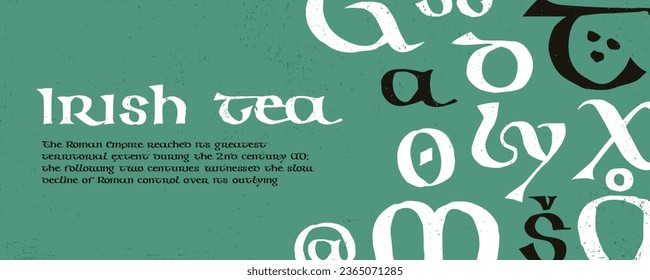 Medieval banner template with pattern of Lindisfarne calligraphy. Dim colored medieval Majuscule Celtic, Anglo-Saxon, Irish style. Vintage art for brewery identity, heraldic posters, luxury packaging.