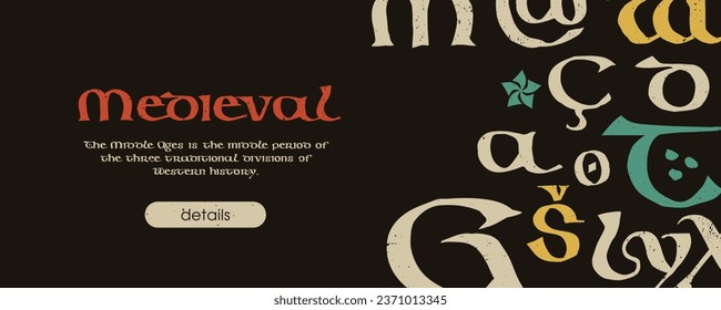 Medieval banner template with pattern of Lindisfarne calligraphy. Dim colored medieval Majuscule Celtic, Anglo-Saxon, Irish style. Vintage art for brewery identity, heraldic posters, luxury packaging. svg