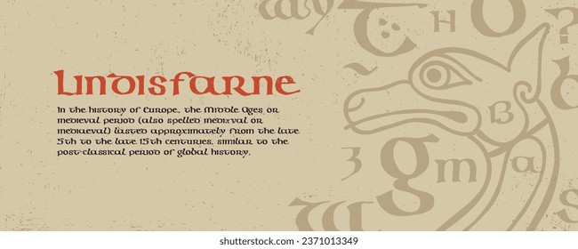 Medieval banner template with pattern of Lindisfarne calligraphy and beasts. Dim colored medieval Majuscule Celtic, Anglo-Saxon, Irish style. Vintage art for heraldic posters, luxury packaging.