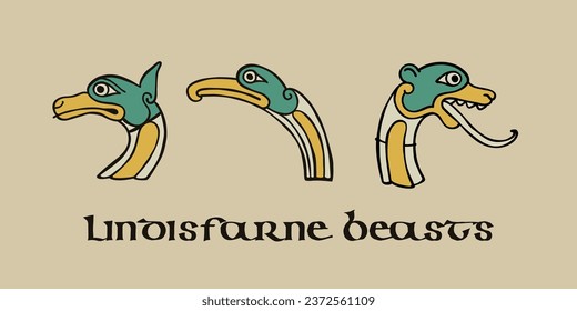 Medieval banner template with pattern of Lindisfarne calligraphy and beasts. Dim colored medieval Majuscule Celtic, Anglo-Saxon, Irish style. Vintage art for heraldic posters, luxury packaging.