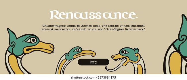Medieval banner template with pattern of Lindisfarne calligraphy and beasts. Dim colored medieval Majuscule Celtic, Anglo-Saxon, Irish style. Vintage art for heraldic posters, luxury packaging.